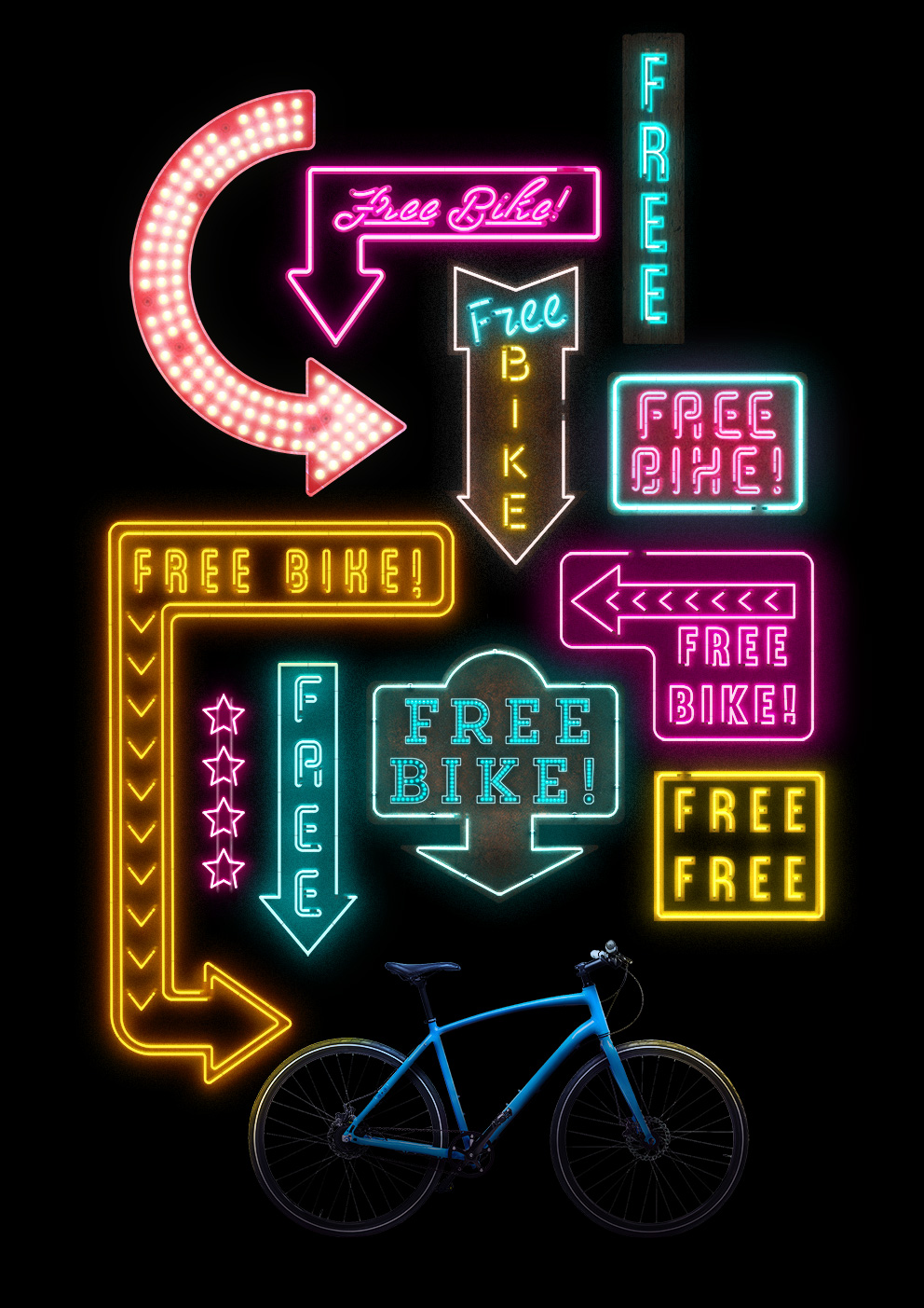 a poster featuring a bike being pointed at by many different neon lights reading 'free bike!'