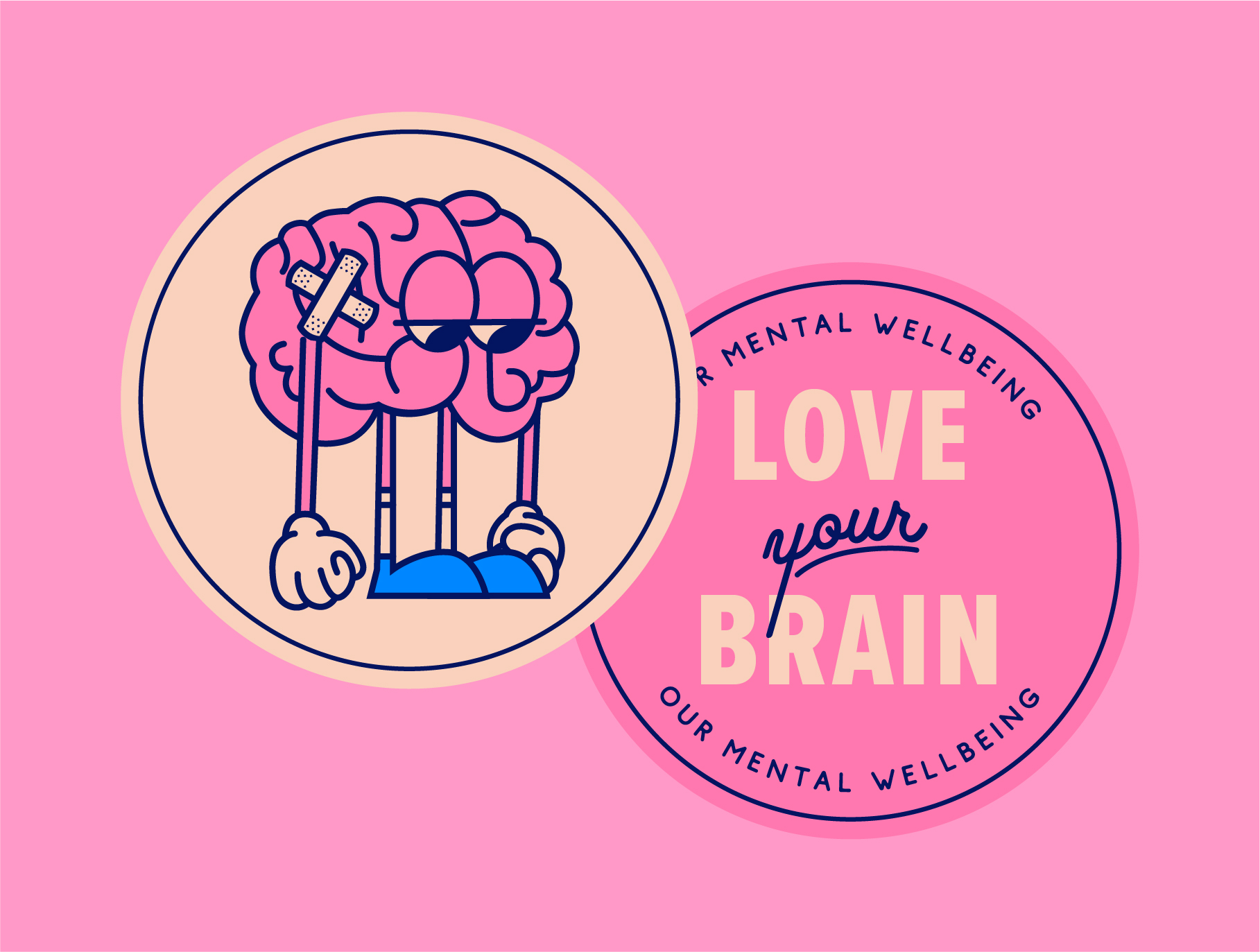 two stickers, one of a sad brain and the other reading 'love your brain'