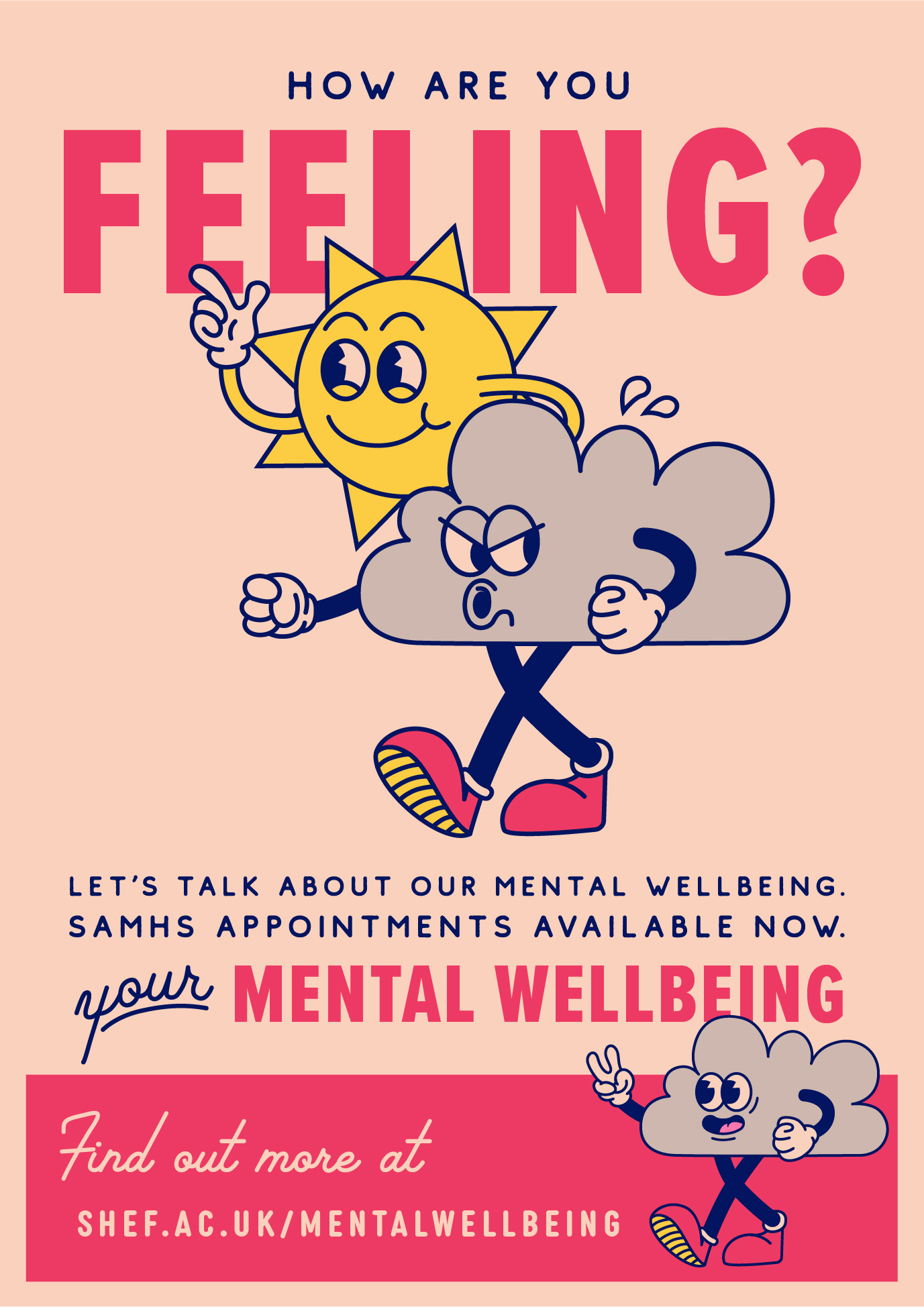 a poster of an angry illustrated cloud and a happy sun, with the wording 'how are you feeling?'