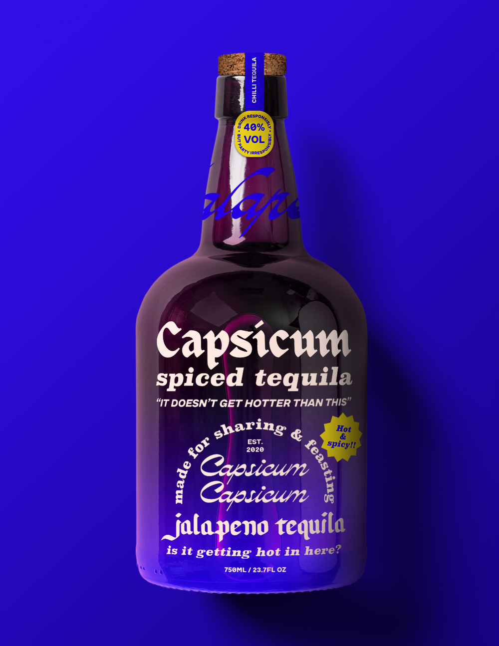 a blue tequila bottle which reads 'capsicium spiced tequila'