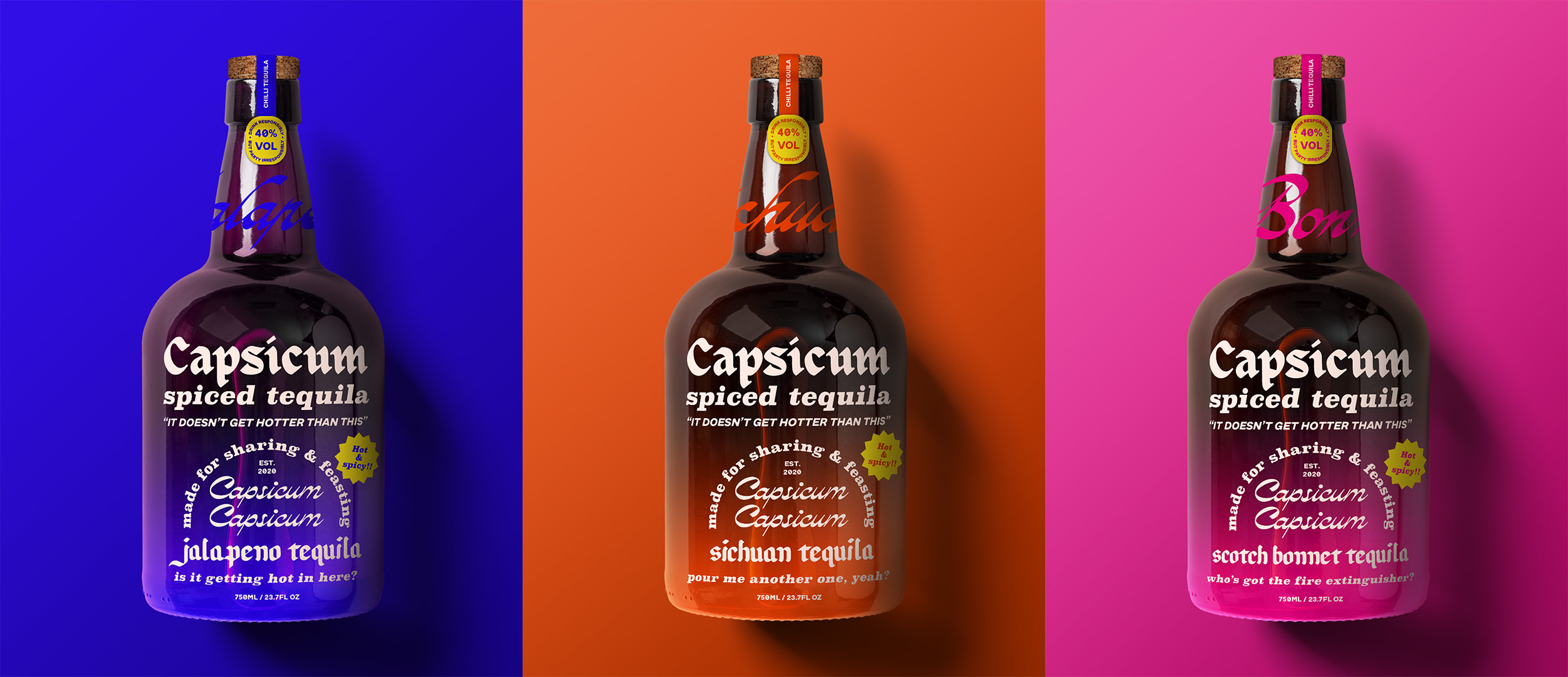 three tequila bottles of different flavours: a blue jalapeno flavour, an orange sichuan flavour and a pink scotch bonnet flavour