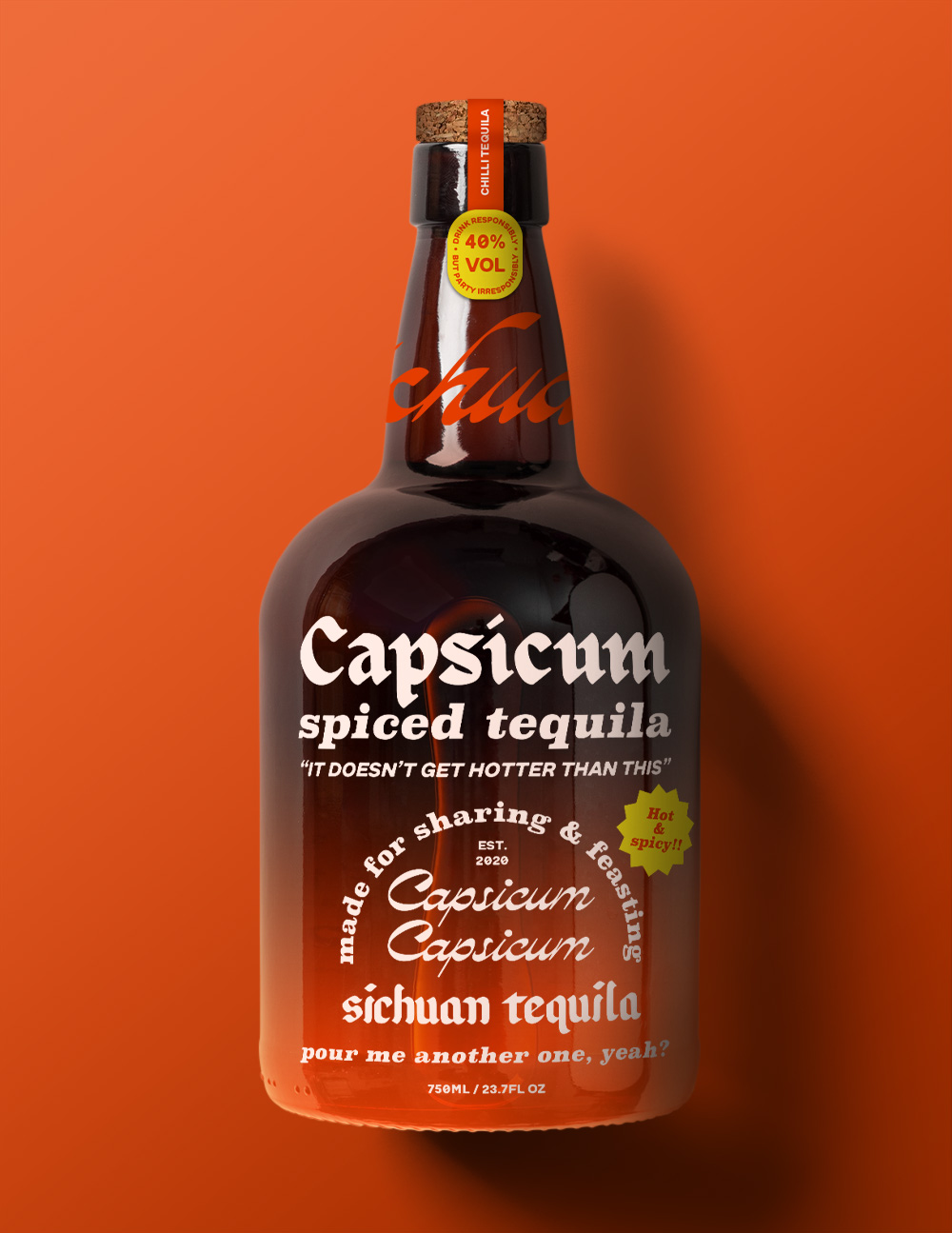 an orange tequila bottle which reads 'capsicium spiced tequila'