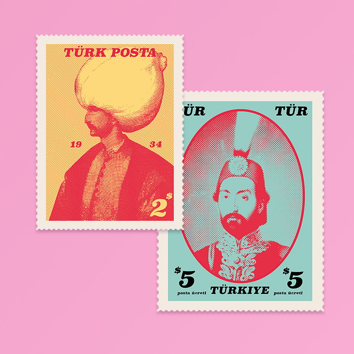 two vintage-look Turkish postage stamps on a pink background