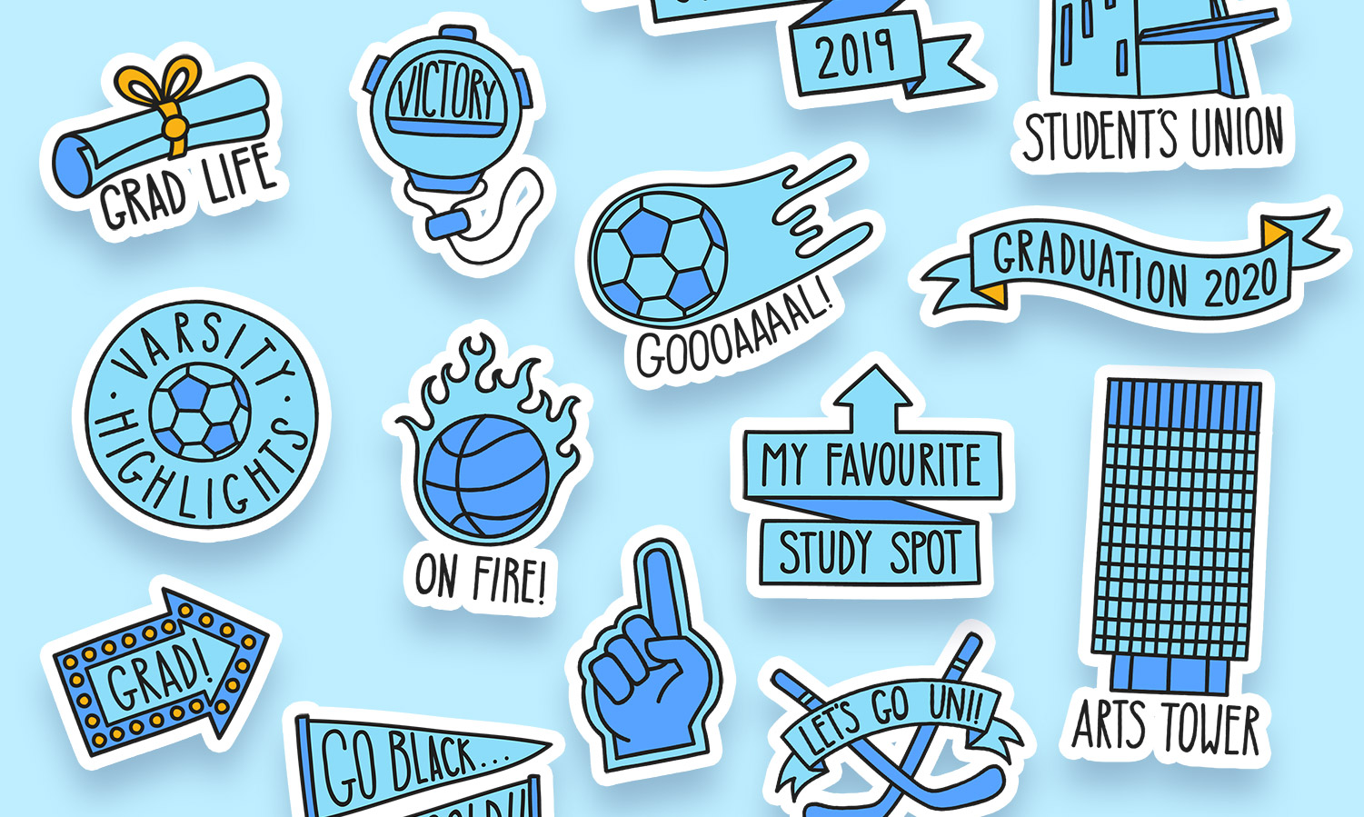 a collage of blue and yellow stickers, including illustrations of university buildings, flags and sports icons