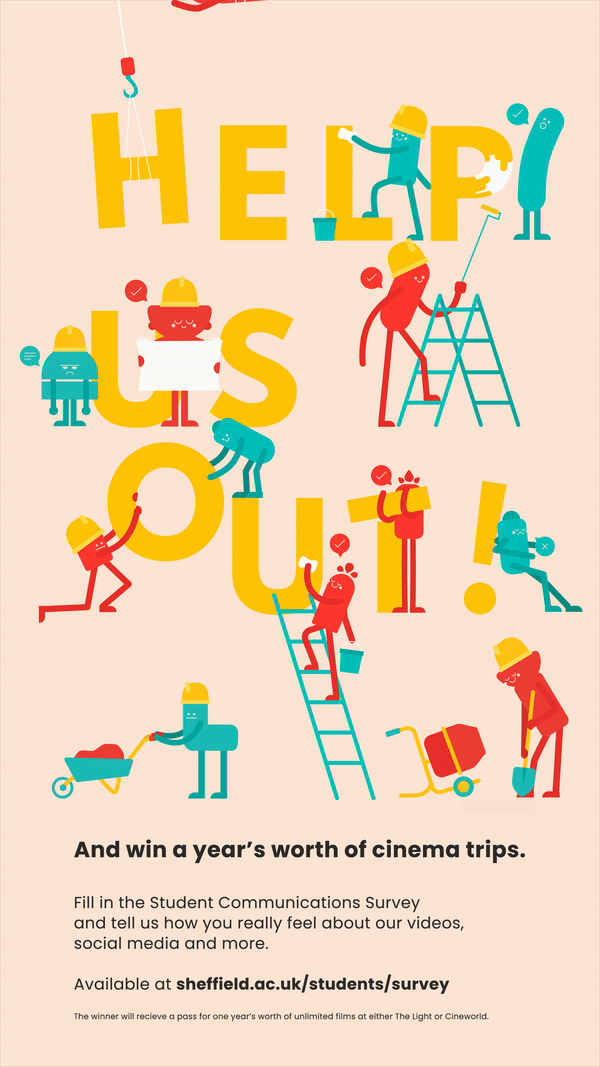 an animated scene that reads 'help us out'