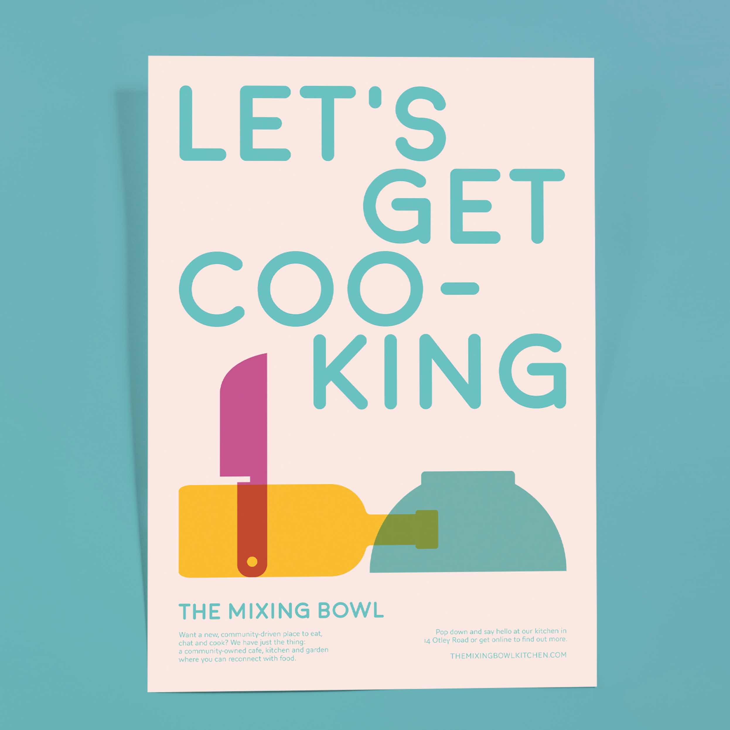 a poster that reads 'let's get cooking' alongside illustrations of kitchen equipment