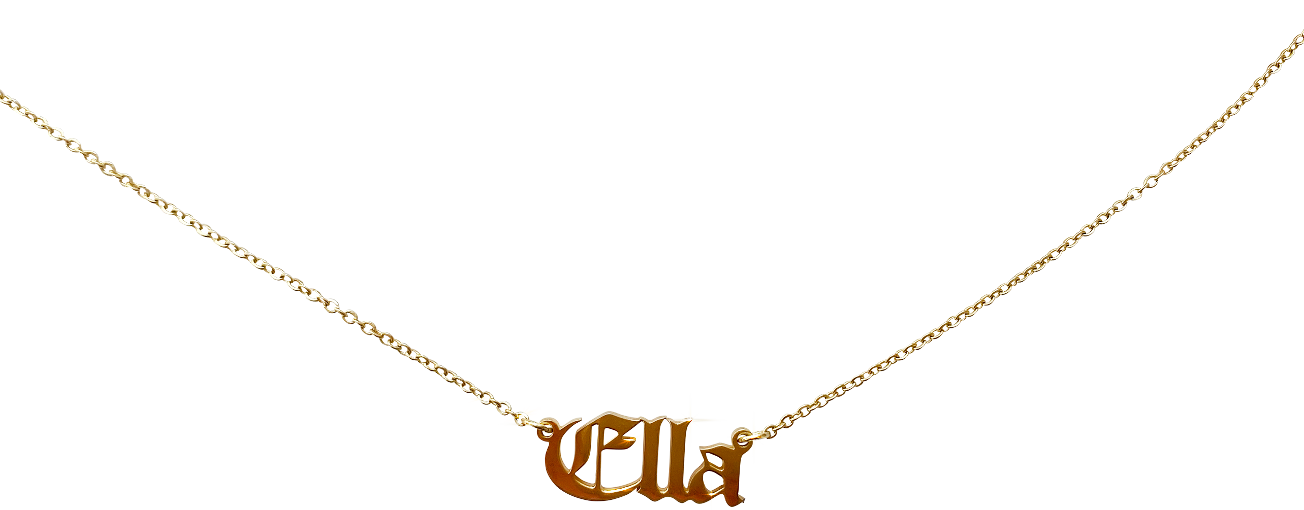 a gold necklace that says 'Ella'