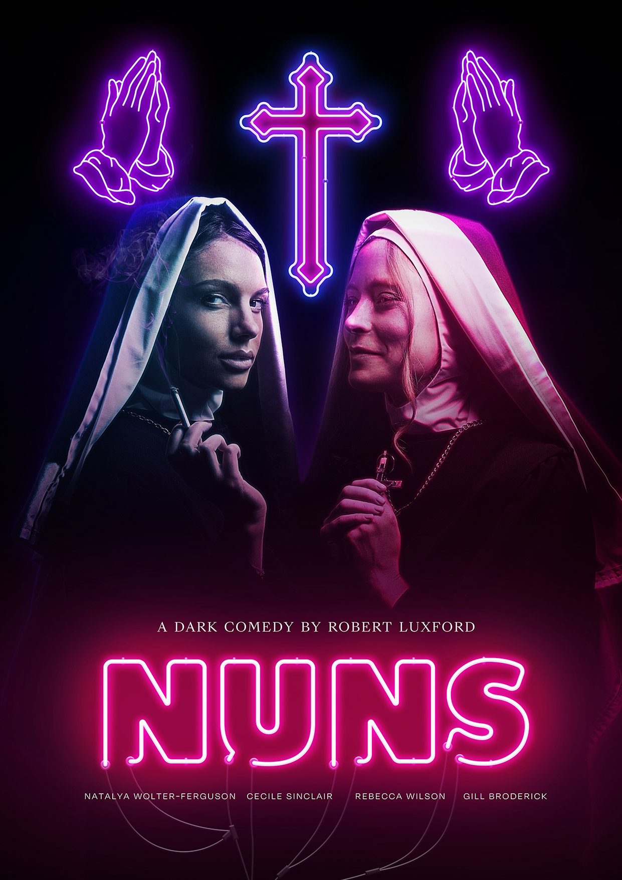 a poster of two nuns lit by a neon cross, two neon praying hands and the title 'nuns'