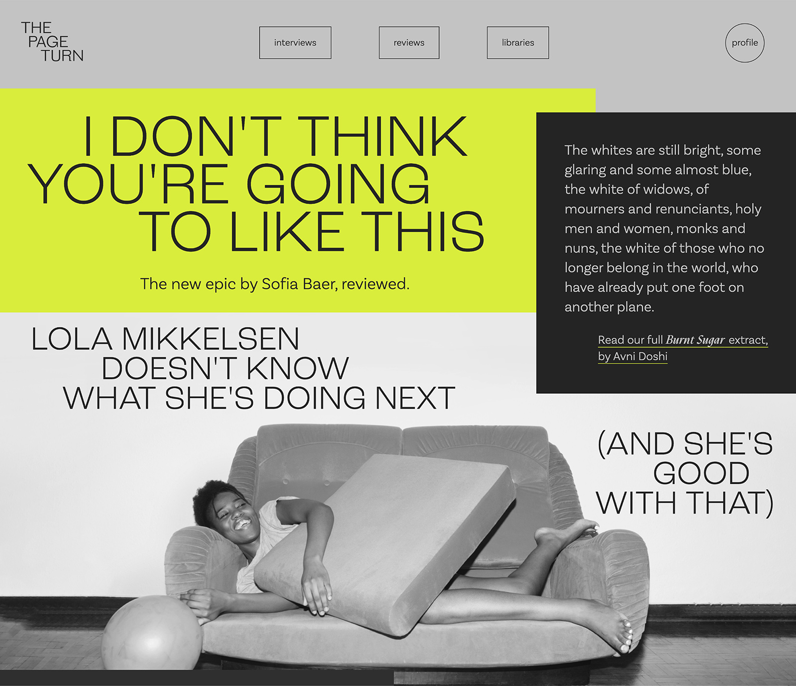 the page turn homepage, with a photo of a woman lying on a sofa and the headline 'i don't think you're going to like this'