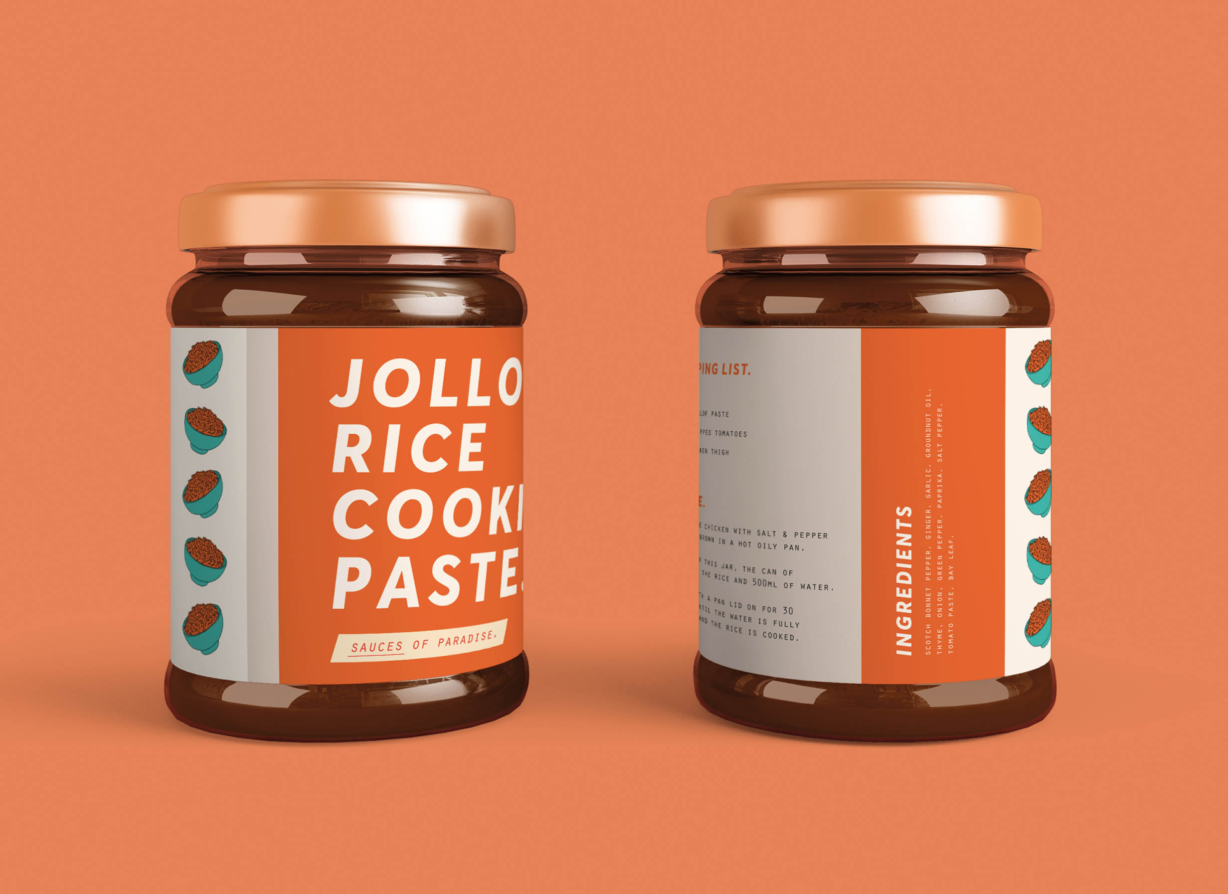 two jars of jollof rice cooking paste, featuring a repeat pattern of a bowl of jollof rice'
