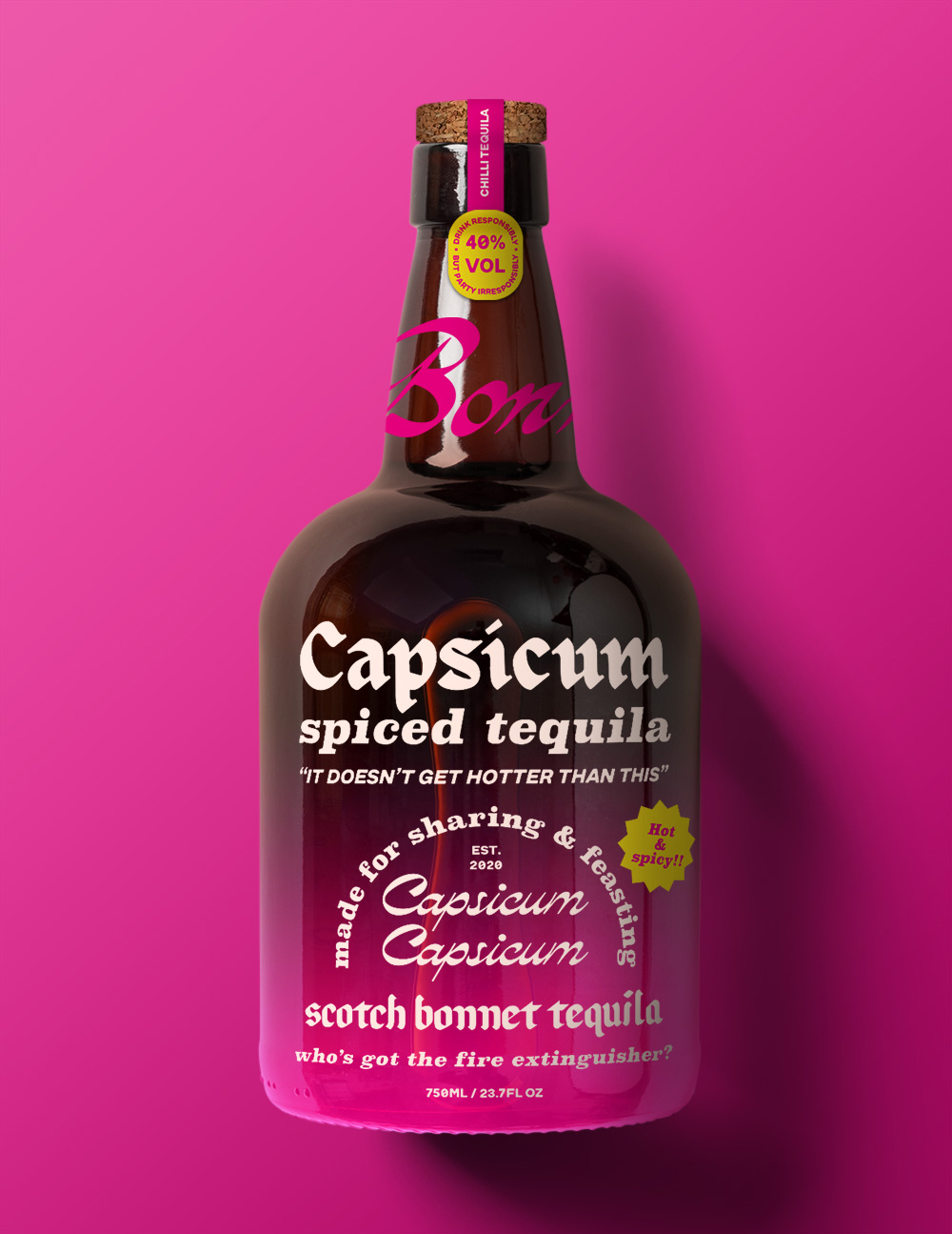 a pink tequila bottle that reads 'scotch bonnet tequila'
