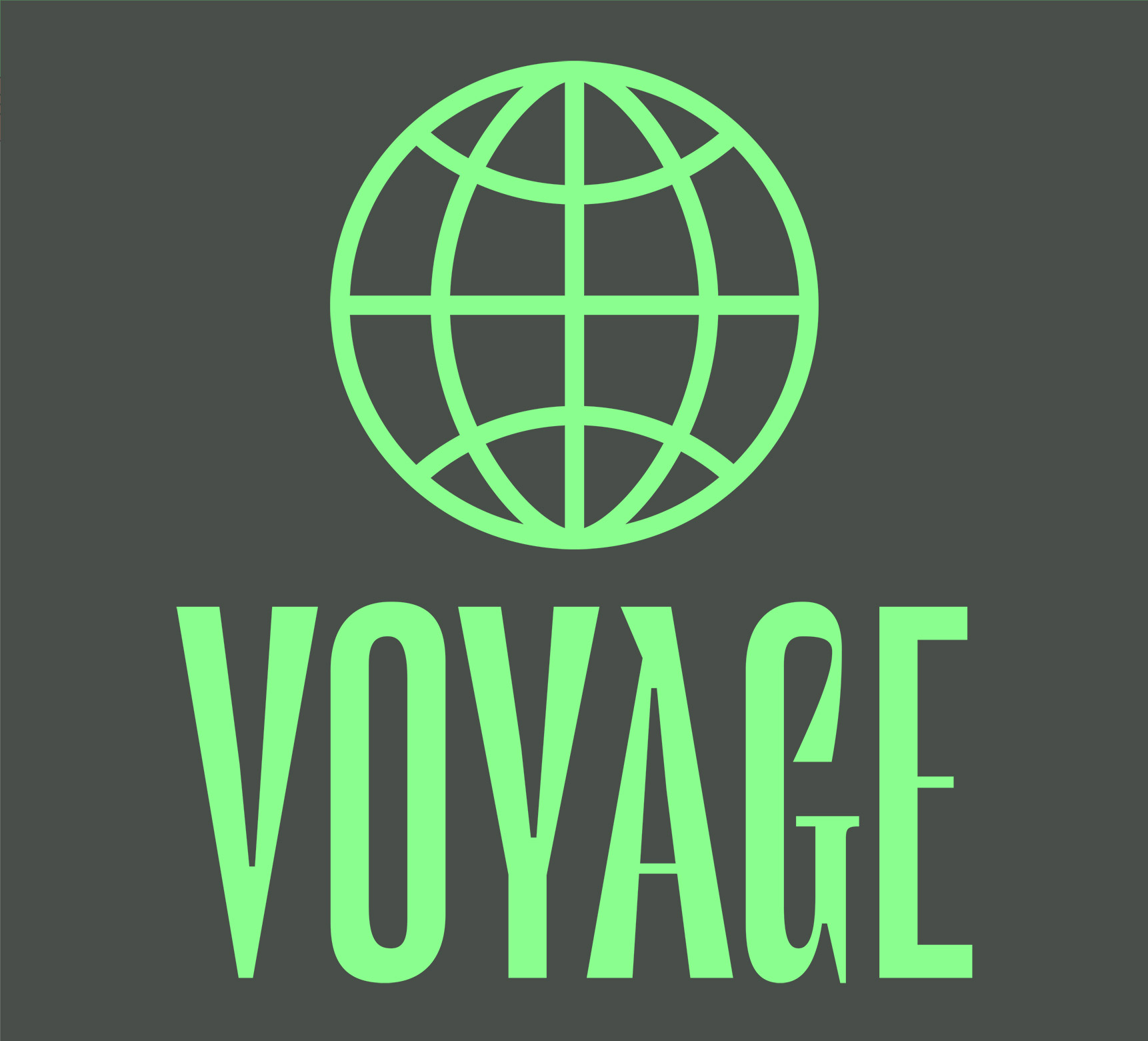 a mint green logo that reads 'voyage' and features a line drawn globe