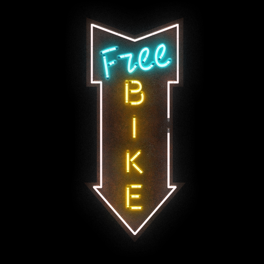 a neon light that reads 'free bike'