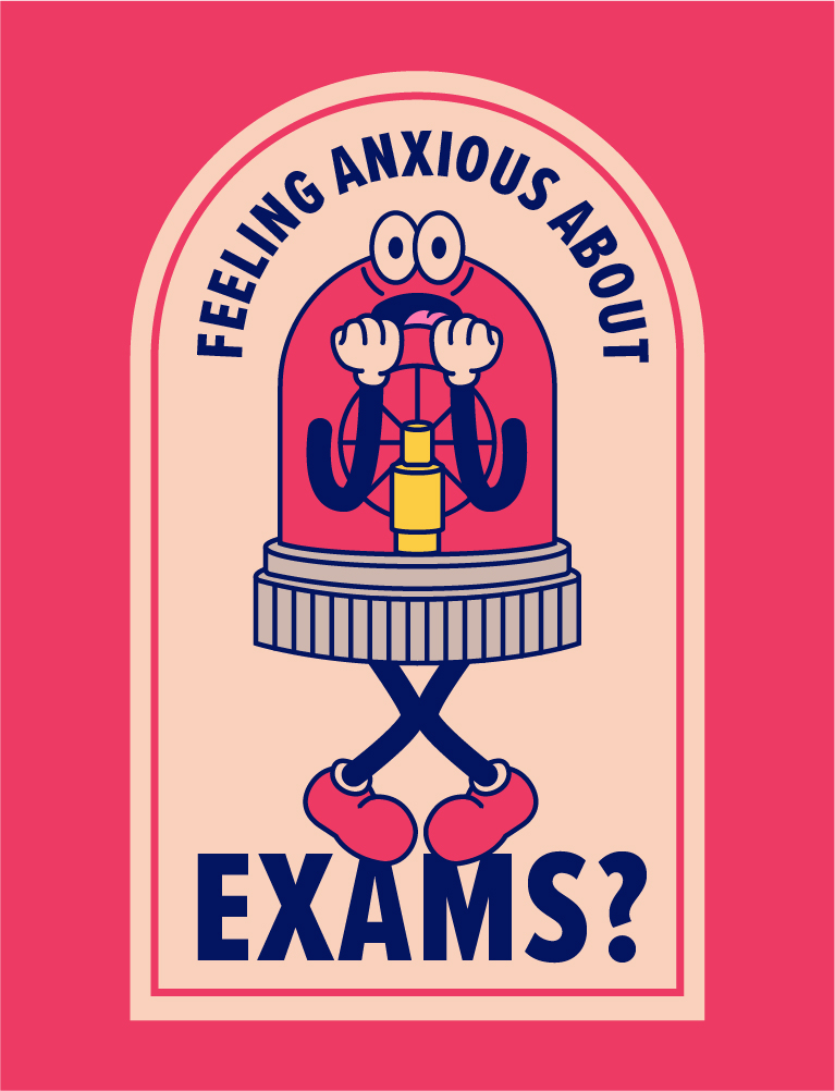 An anxious looking siren with the headline 'feeling anxious about exams?'