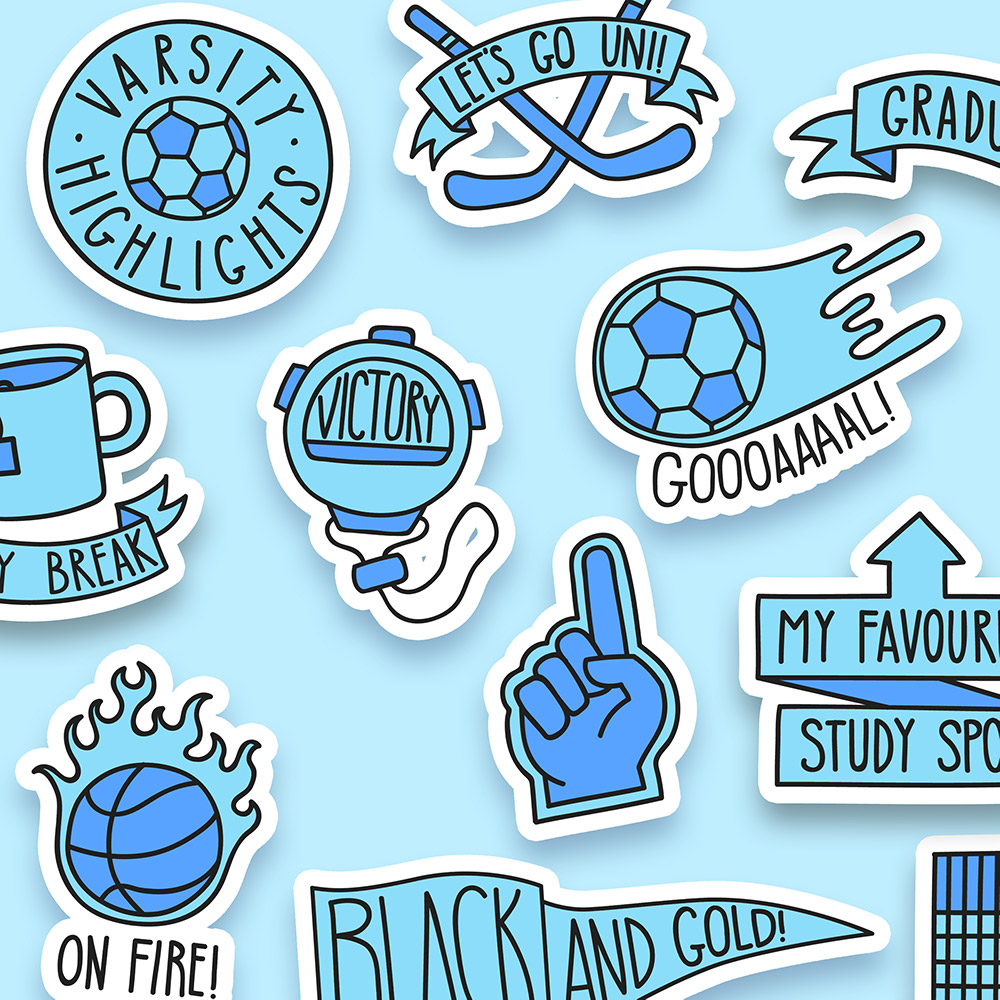 a collage of university themed stickers