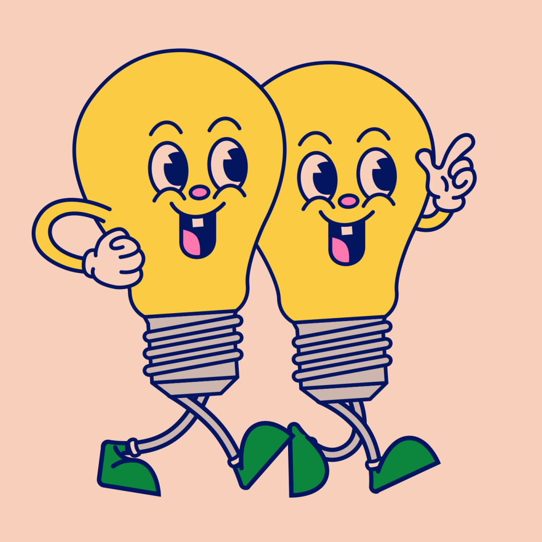 two happy lightbulbs walk together