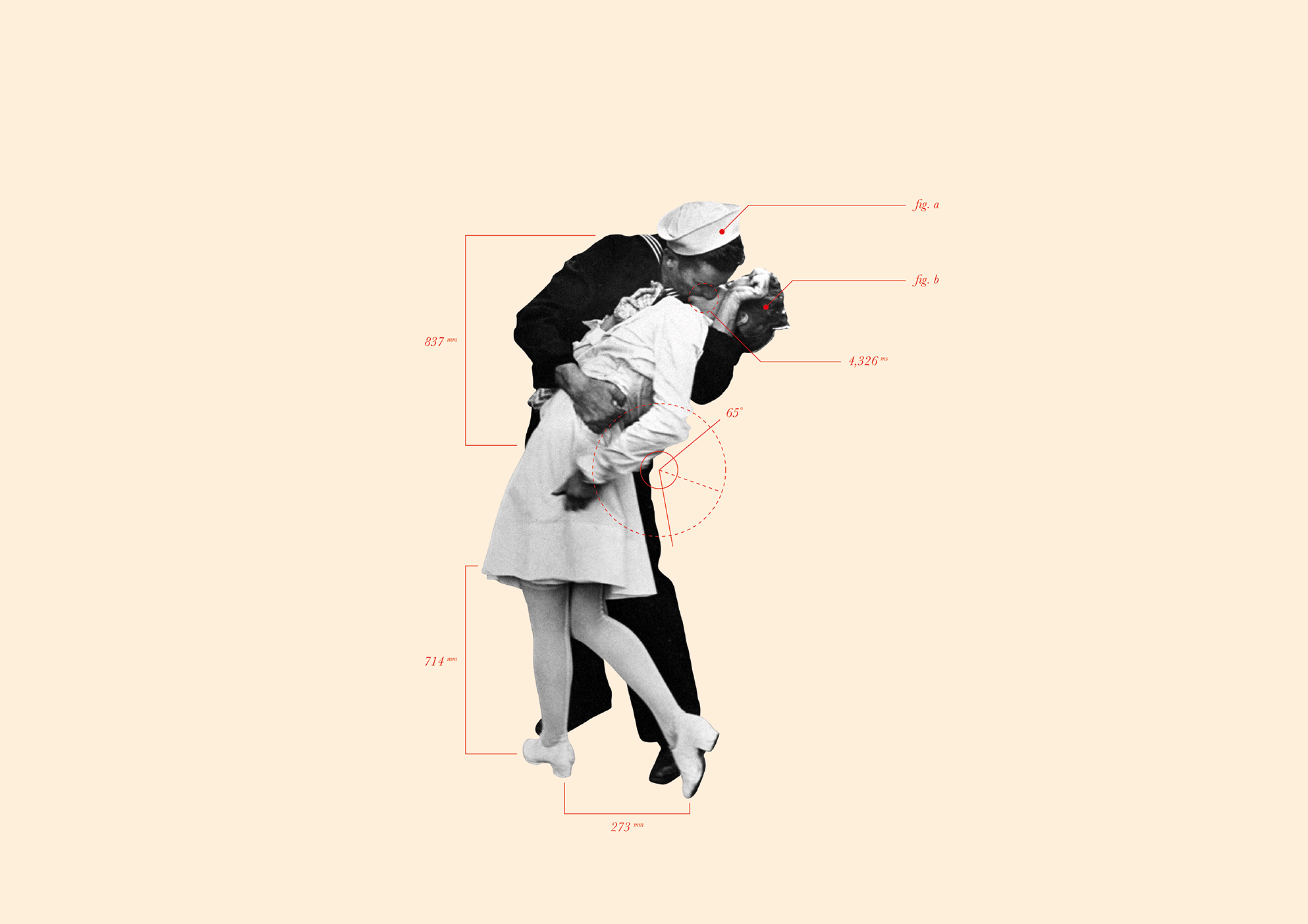 a collage of two people kissing surrounded by annotations about angles and sizes