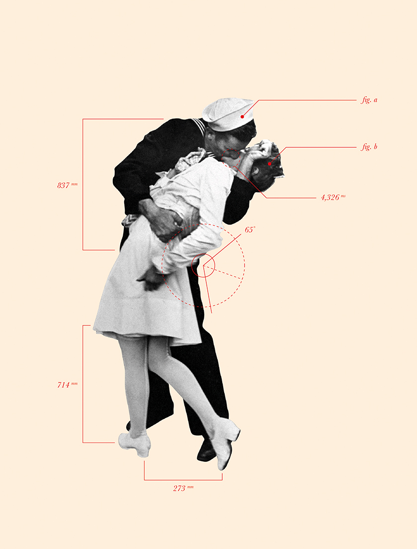 a collage of couple kissing surrounded by annotated labels about size and angles