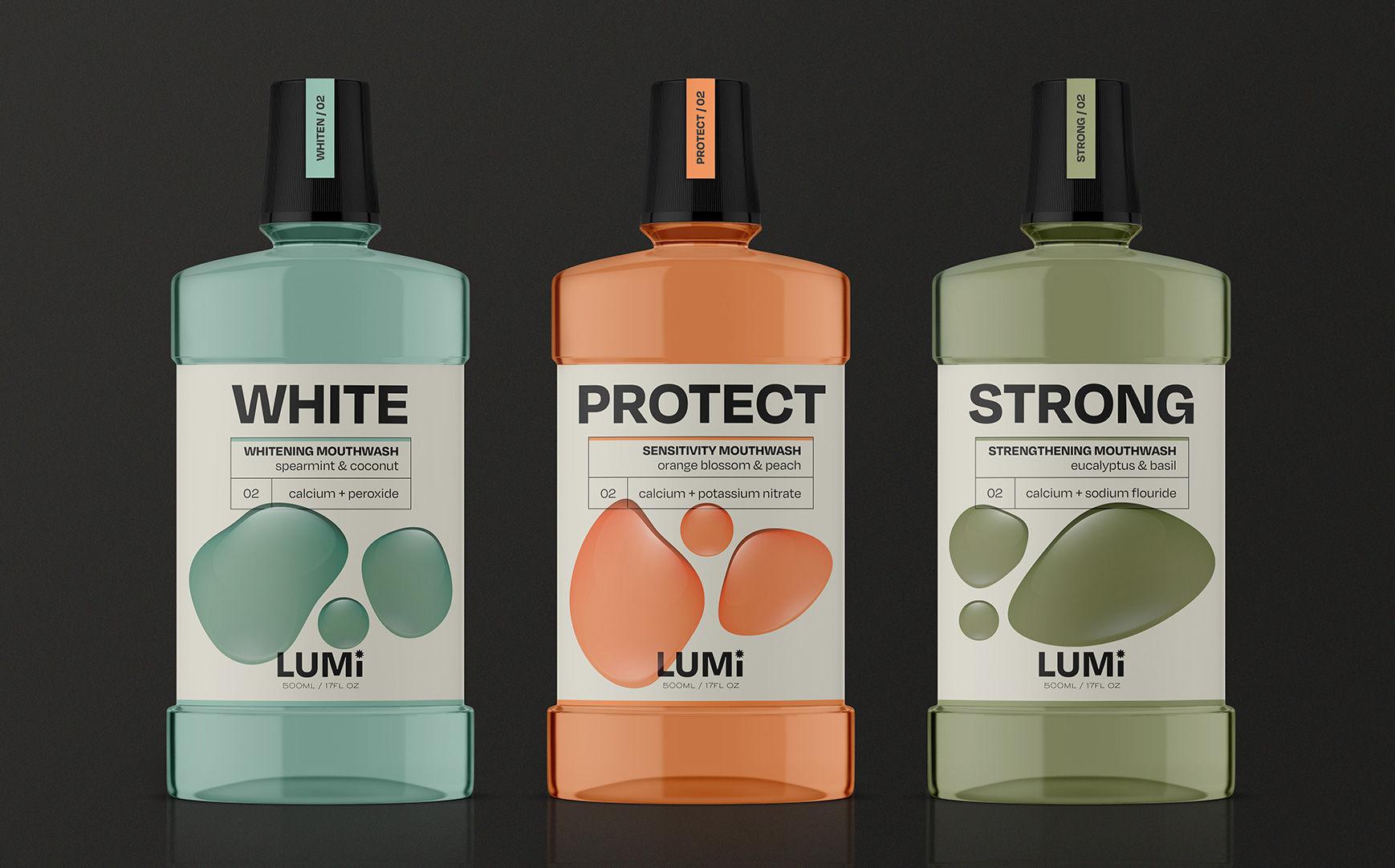 three mouthwashes in the three flavours (white, protect and strong) featuring images of coloured blobs of liquid