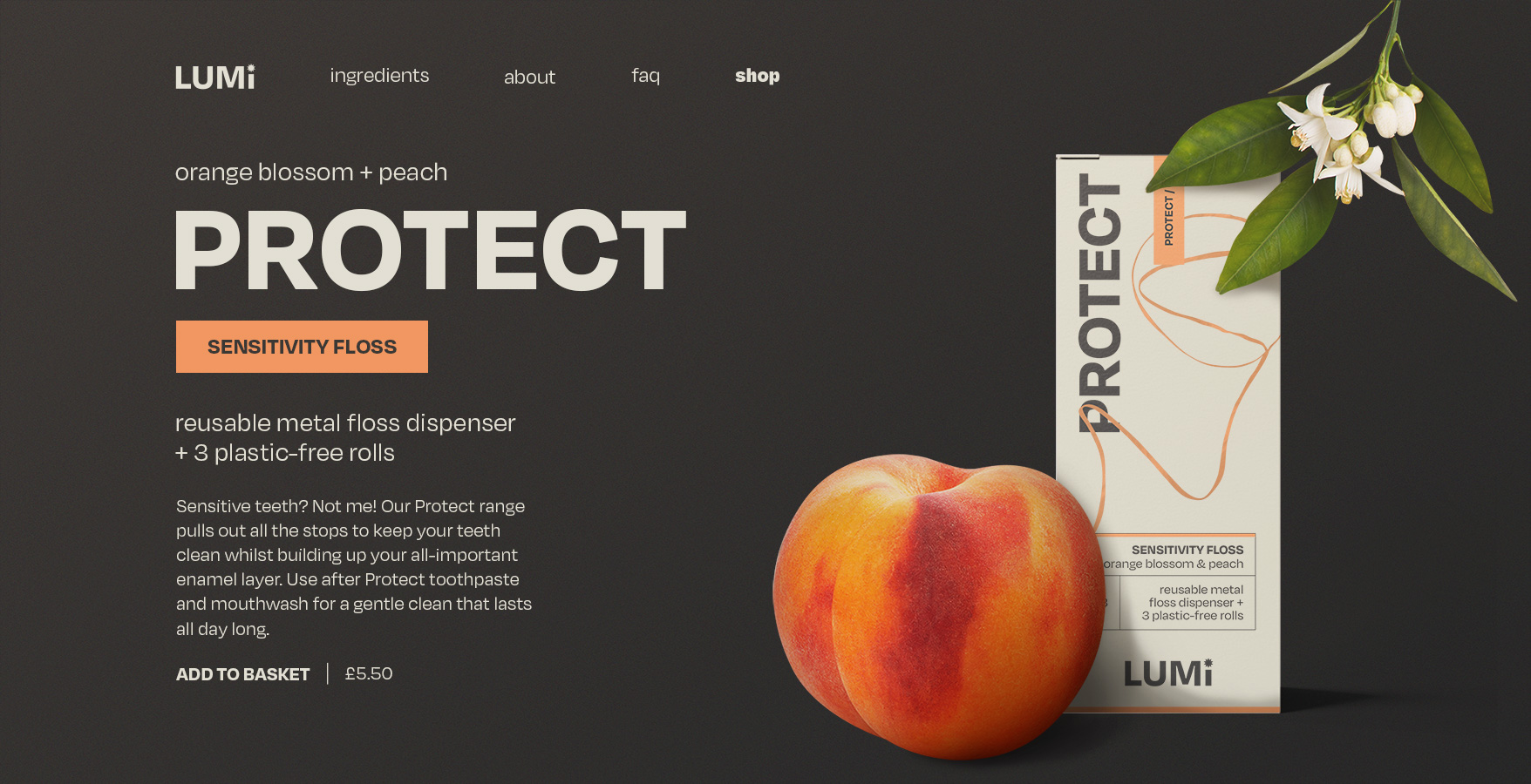 the design for a product page of a the lumi website, featuring an image of a peach and orange blossom in front of a box of floss