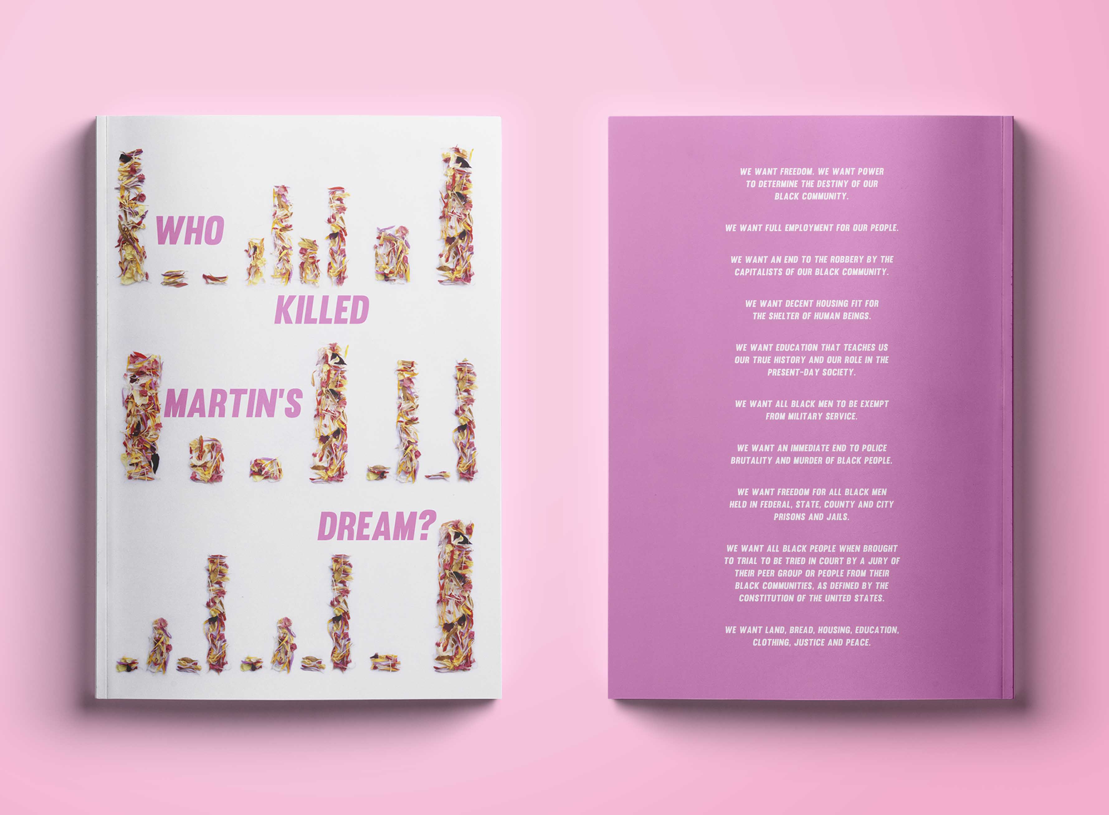 the front and back cover of a book. The front reads 'who kills martin's dream?' and the back lists the Black Panther Party's ten point programme of demands