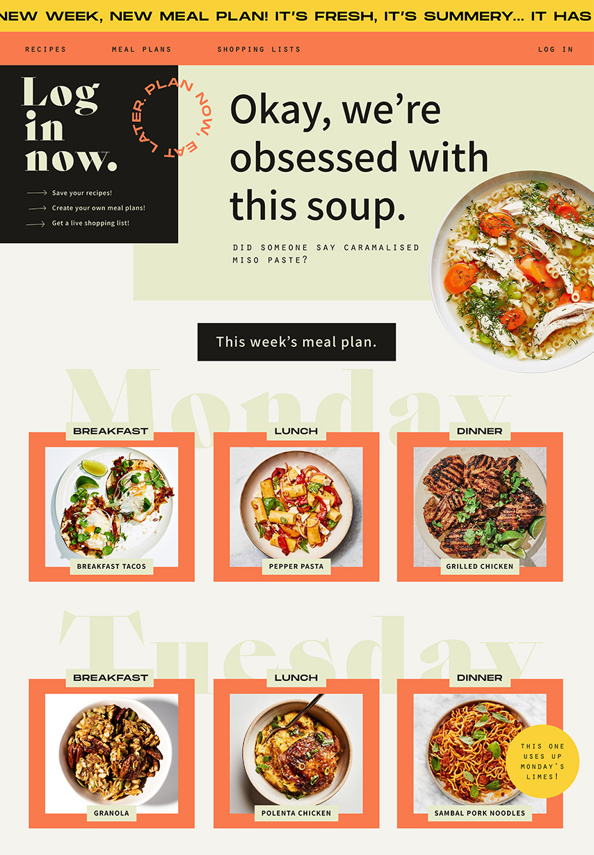 the homepage of a meal planning website featuring photos of meals in weekday order