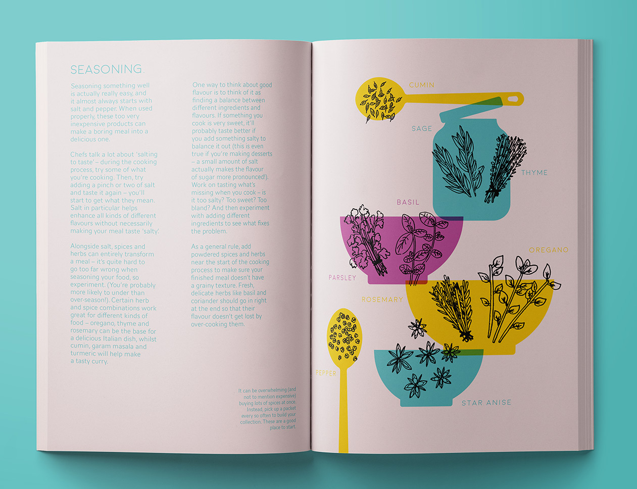 a spread from the cookbook with illustrations of herbs and spices