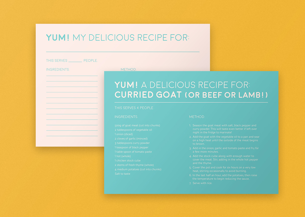 two recipes cards, one for curried goat and the other empty for people to fill in