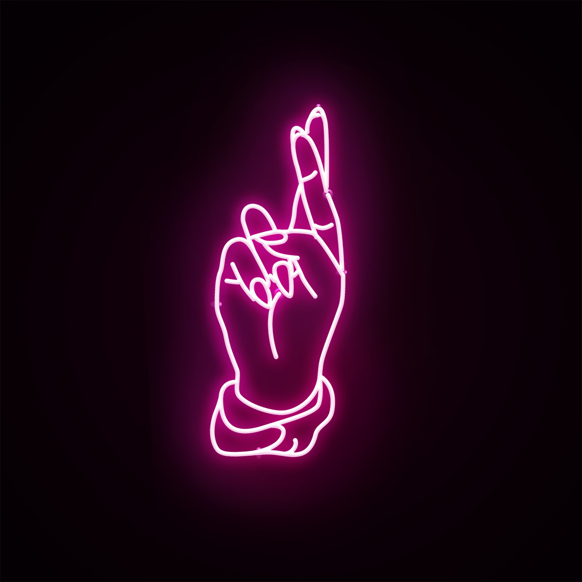 a neon light of a hand with the fingers crossed