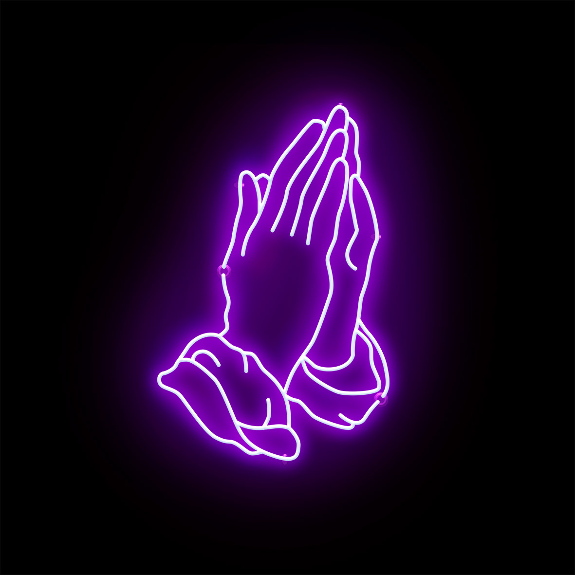 a neon light of a pair of praying hands