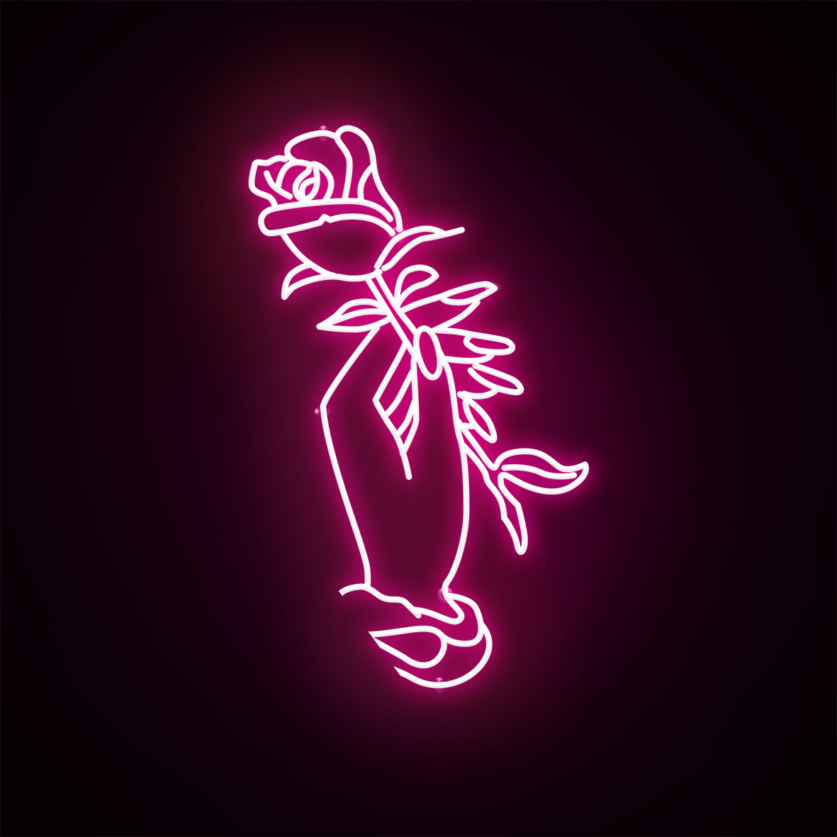 a neon light of a hand holding a rose