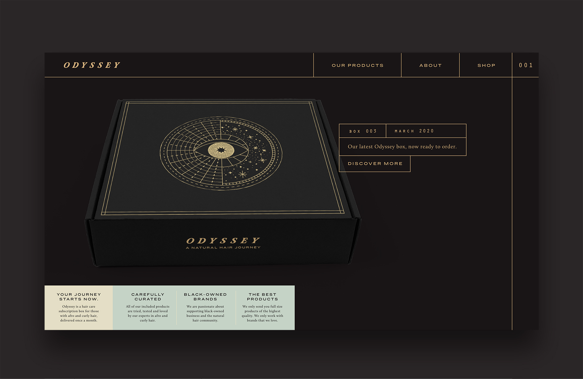 the odyssey website homepage featuring a closed box and information about the product