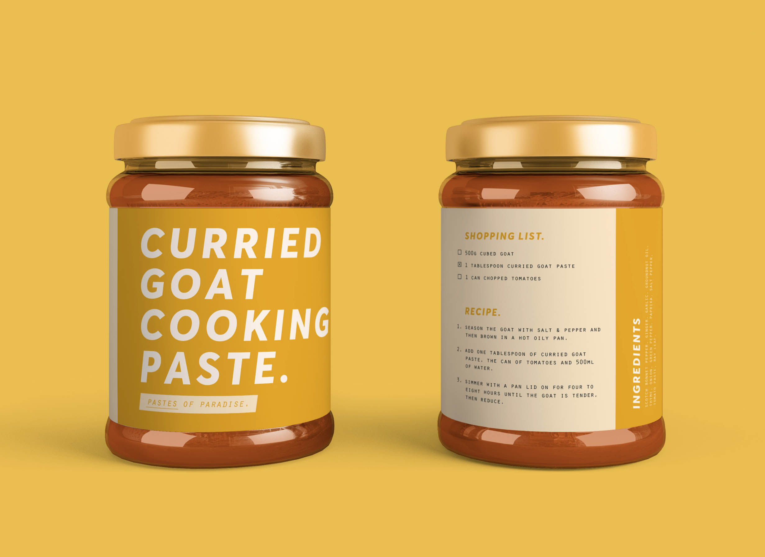two jars of curried goat cooking paste in yellow