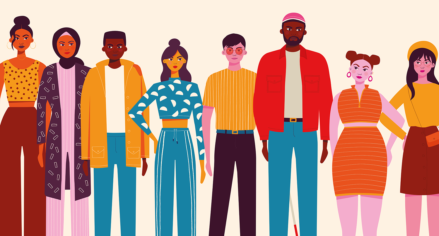 a selection of 8 student-age characters in bright coloured clothes