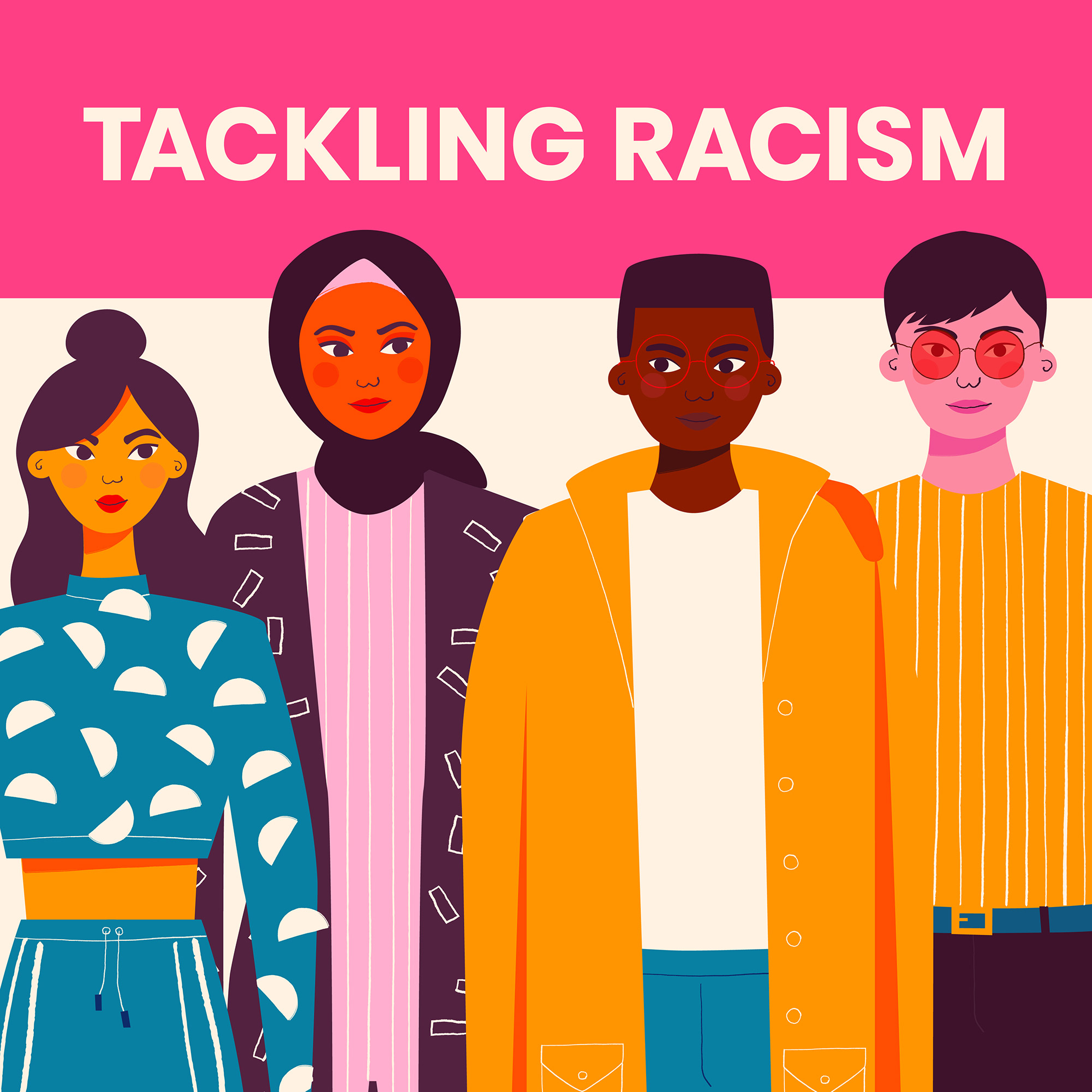 the illustrated people under the headline 'tackling racism'