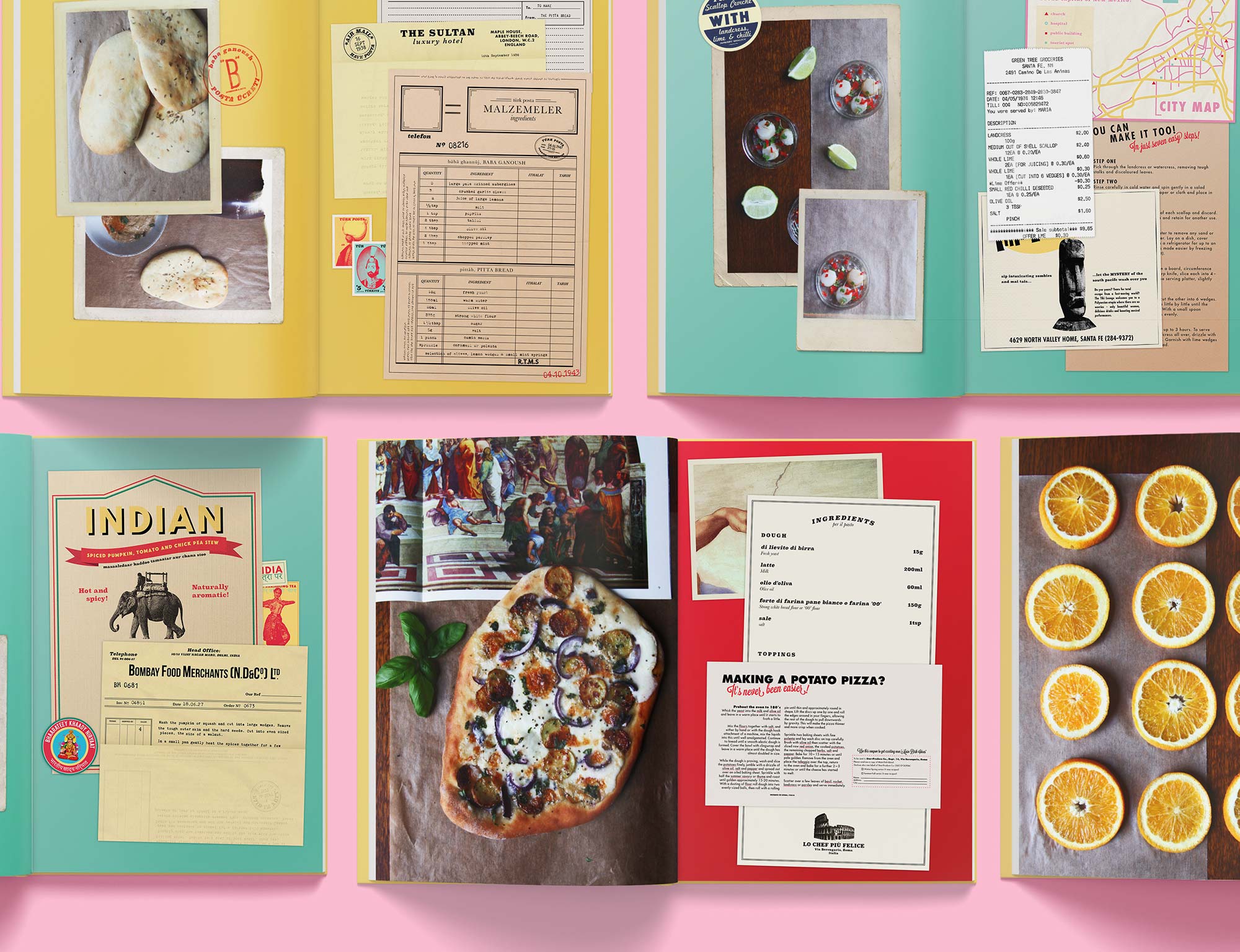 five book spreads featuring collages of found ephemera