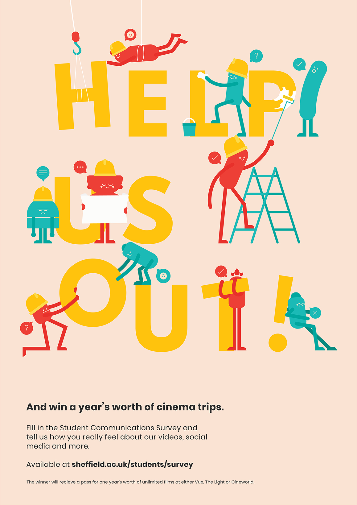 a poster that reads 'help us out' surrounded by little illustrated monsters