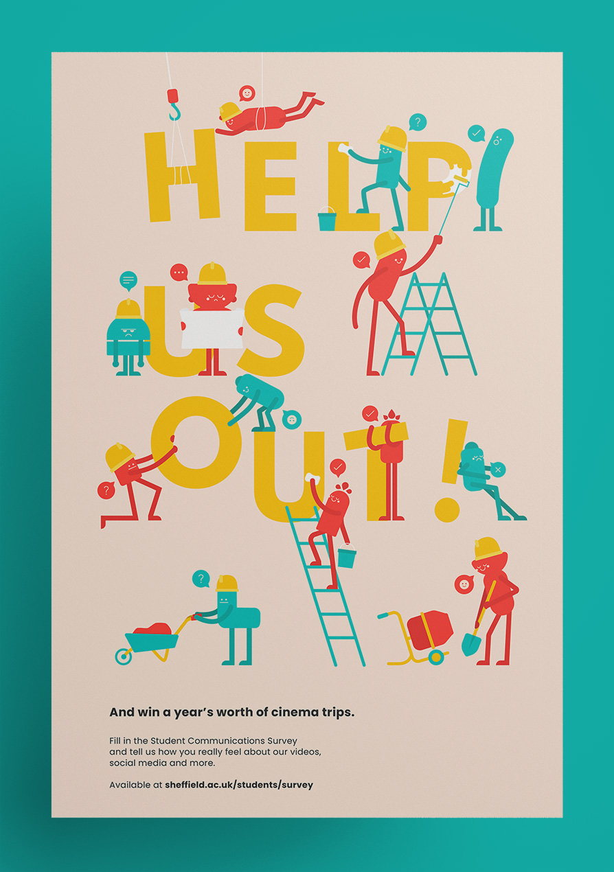 a poster that reads 'help us out' covered in red and blue illustrated monsters